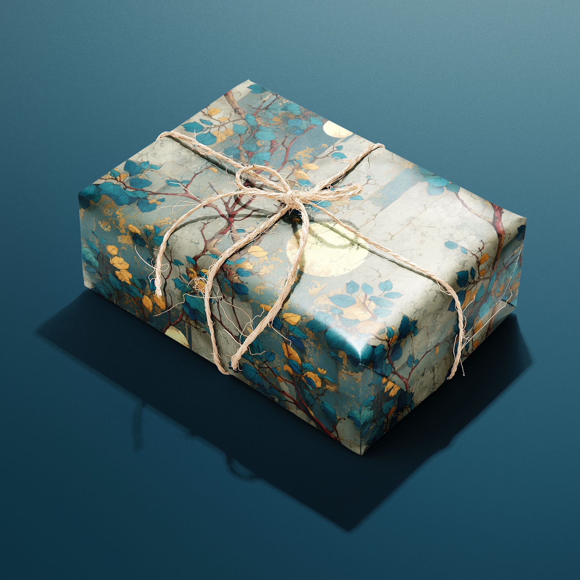 A single rectangular gift wrapped in Verdigris Trellis and tied with natural twine highlights moon medallions and teal-gold foliage on an aged verdigris pattern against a deep teal background.