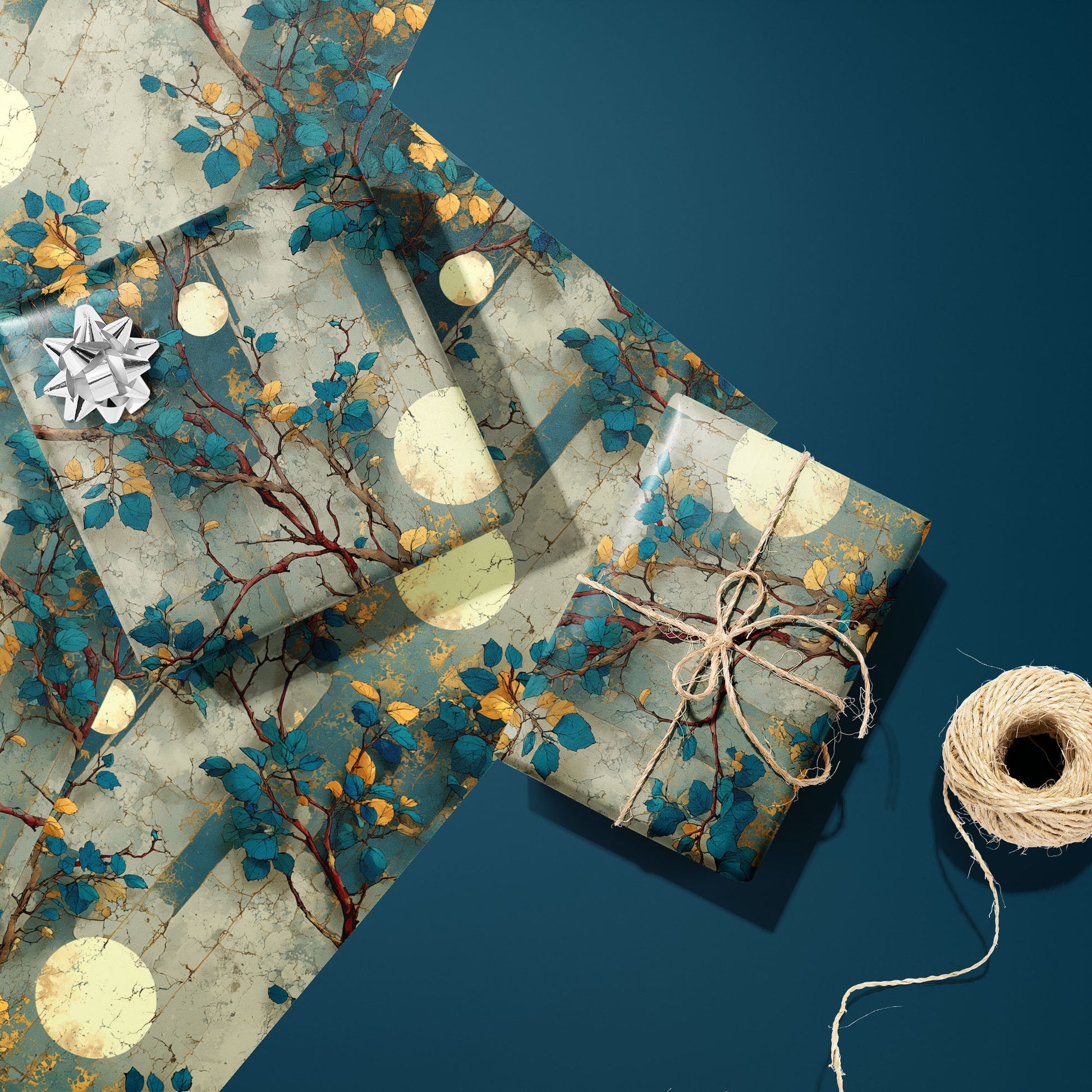 Two gifts in Verdigris Trellis—one with a silver bow and one tied with twine—rest on two unused sheets beside a twine spool on a deep teal surface, showing moon discs and teal-gold leaves.