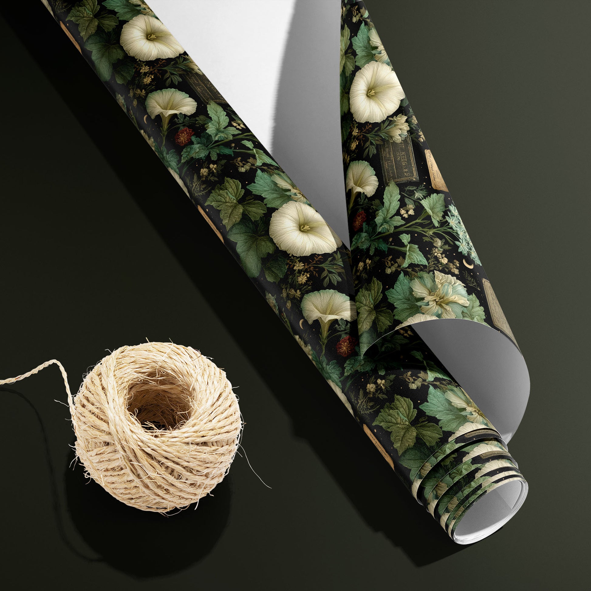 A partially unfurled roll of Vesper Botanica with its white underside visible beside a spool of natural twine, the vintage floral and lunar print on black set on a dark olive green surface.
