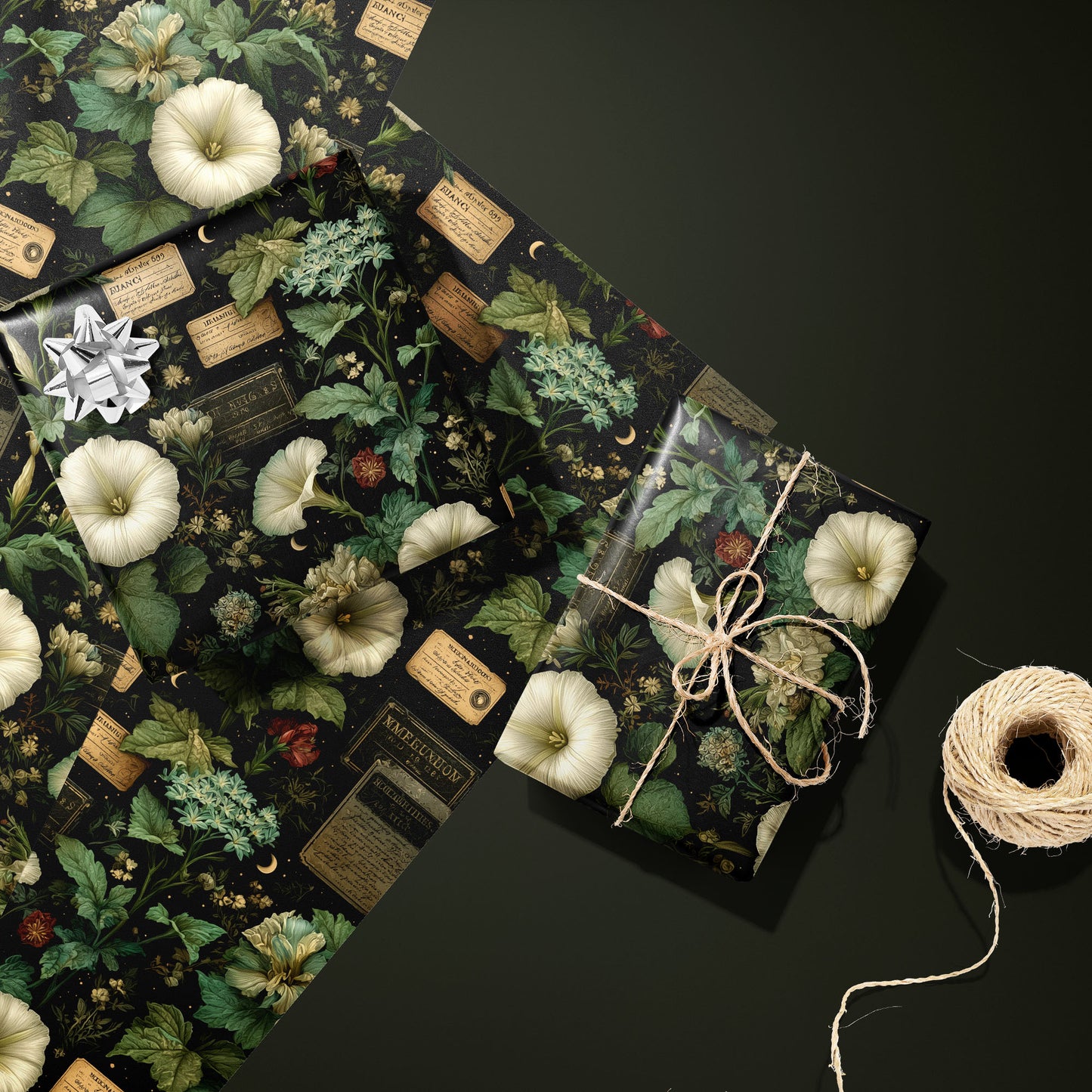 Two gifts wrapped in Vesper Botanica—one with a silver bow, one tied with twine—rest on two unused sheets beside a twine spool on a dark olive green surface, with vintage florals on black.