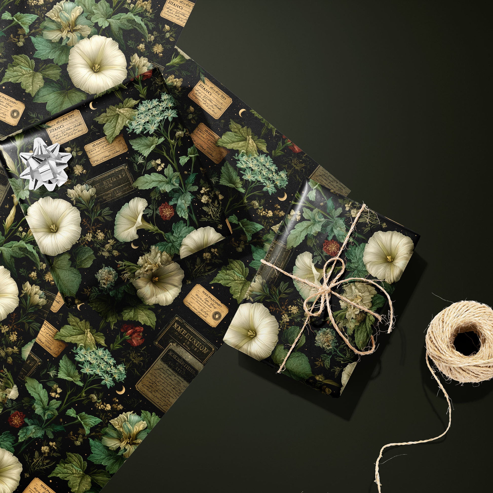 Two gifts wrapped in Vesper Botanica—one with a silver bow, one tied with twine—rest on two unused sheets beside a twine spool on a dark olive green surface, with vintage florals on black.